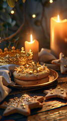 Three Kings Day celebration with crown and star cookies