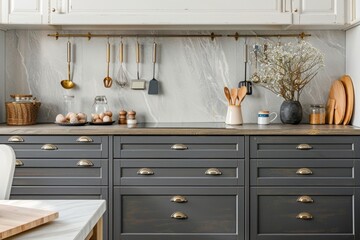 A collection of various utensils on a kitchen counter, useful for illustrations and designs