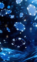 This dynamic illustration shows blue casino chips floating above a rushing wave of water. The scene combines the themes of chance and fluidity, with glowing lights enhancing the dramatic atmosphere
