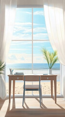 Vertical Illustration of a work table in front of a bright window with a light blue ocean view