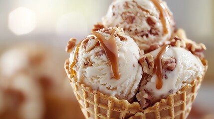 A close-up of a waffle cone filled with scoops of vanilla and chocolate ice cream, topped with caramel sauce and almonds.