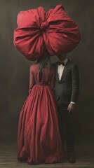 A man in a tuxedo standing next to a woman in a red dress