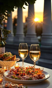 Primer plano de una cena rom&aacute;ntica con cristaler&iacute;a y comida.
Aperitivos y restaurantes elegantes y lujosos.