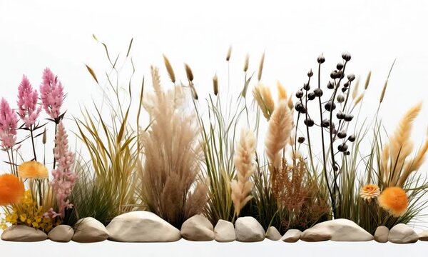 Plantas y flores de muchas clases aisladas en blanco y movidas por el viento.
Fondo de naturaleza y vegetacion.