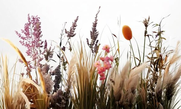 Plantas y flores de muchas clases aisladas en blanco y movidas por el viento.
Fondo de naturaleza y vegetacion.