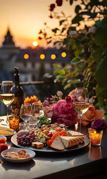 Primer plano de una cena rom&aacute;ntica con cristaler&iacute;a y comida.
Aperitivos y restaurantes elegantes y lujosos.