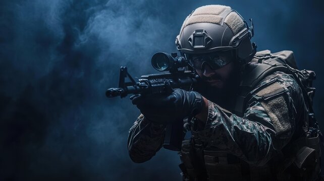 A heavily armed tactical soldier aims his rifle in a dark, high-stakes environment, prepared for an intense military operation.