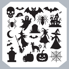 Fototapeta premium Set of logotype different type of black simple Halloween vector illustration silhouettes in white background, collection of Halloween silhouettes