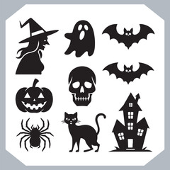 Set of logotype different type of black simple Halloween vector illustration silhouettes in white background, collection of Halloween silhouettes