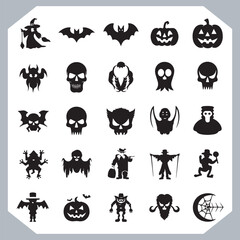 Obraz premium Set of logotype different type of black simple Halloween vector illustration silhouettes in white background, collection of Halloween silhouettes