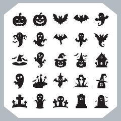 Fototapeta premium Set of logotype different type of black simple Halloween vector illustration silhouettes in white background, collection of Halloween silhouettes