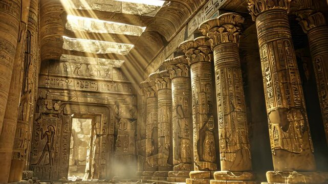 Sunlight streams through the ornate columns of an ancient Egyptian temple, illuminating intricate carvings and hieroglyphics