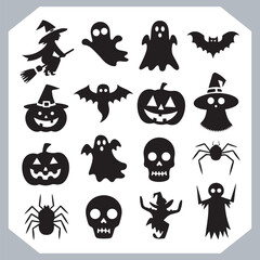Set of logotype different type of black simple Halloween vector illustration silhouettes in white background, collection of Halloween silhouettes