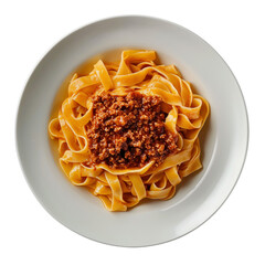 Top down view of tagliatelle al ragu served on a white plate, set against a transparent background