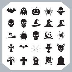 Set of logotype different type of black simple Halloween vector illustration silhouettes in white background, collection of Halloween silhouettes