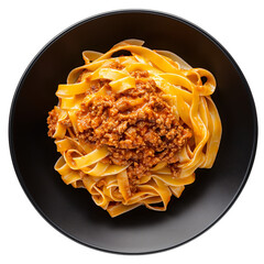 Top view of tagliatelle al ragu on a black plate, isolated on a transparent background on a transparent background