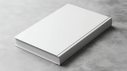 Fototapeta premium A blank white book lies closed on a light gray surface. The book is in focus, while the background is slightly blurred.
