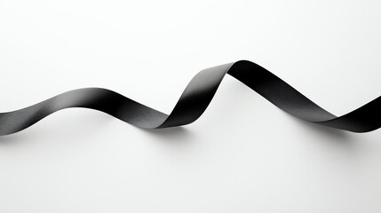 A black ribbon elegantly curves and flows across a white background, creating a simple yet striking design.