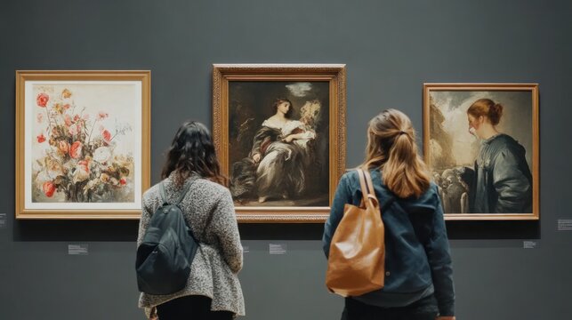 Naklejki Two women admire paintings in a gallery.