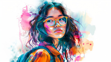 Beautiful young asian girl with glasses and long flowing hair on an abstract watercolor background. A student goes to school or college.