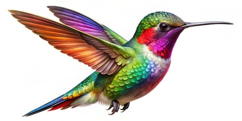 Fototapeta premium A Vibrant Rainbow Hummingbird in Flight, Digital Painting, Detailed Feathers, Isolated on White, Hummingbird, Bird, Nature