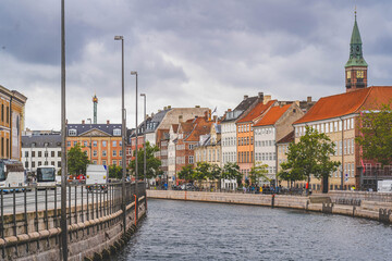 Streets, tenement houses and canal in Copenhagen, Denmark. September.