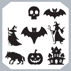 Obraz premium Set of logotype different type of black simple Halloween vector illustration silhouettes in white background, collection of Halloween silhouettes