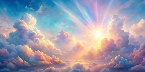 Celestial Sunset with Sun Rays and Colorful Clouds, Digital Painting, Cloudy Sky, Sunrise, Heavenly , sunset, clouds