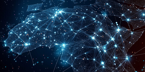 Abstract blue network map of Africa global data transfer concept digital illustration