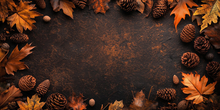 Fall themed background with leaves, pine cones, and acorns with copy space made of wood