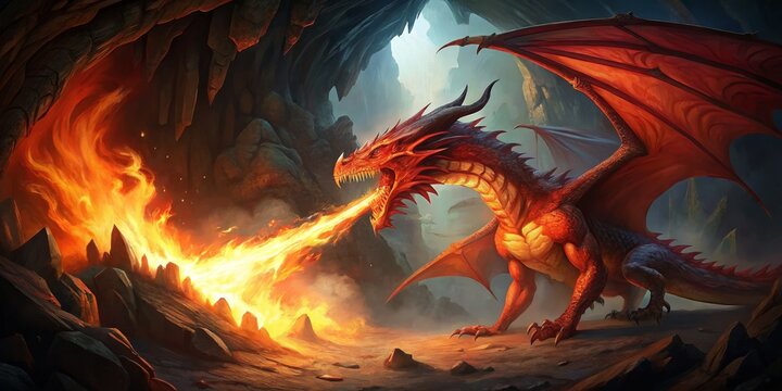 Fiery Breath of the Mountain Dragon, digital painting, red dragon, fire, cave, fantasy, dragon