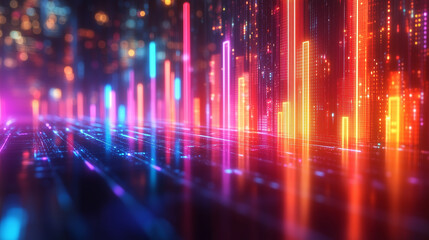 Simple bar graphs in sleek neon colors representing employment rates across different sectors.