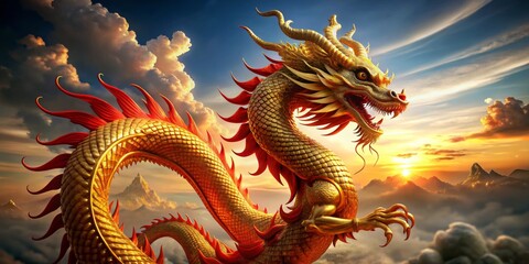 Golden Dragon Ascending Through Clouds at Sunset, Chinese Mythology, Dragon Statue, Asian Culture, Mythical Creature