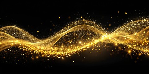 Obraz premium Golden Glitter Wave on Black Background, abstract, sparkle, bokeh