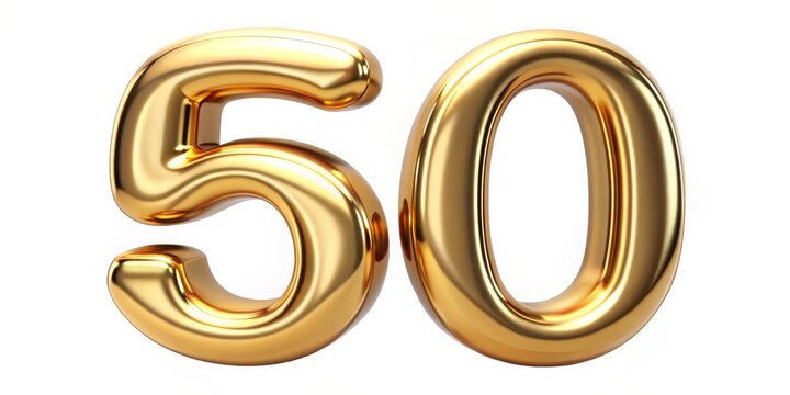 Golden Number 50 - 3D Rendering, gold, metallic, anniversary