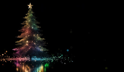 A colorful holographic Christmas tree on a black background with bokeh sparkles.
