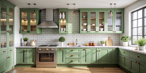 Green Kitchen Cabinets with Glass Doors and Stainless Steel Appliances, Kitchen Design, Interior Design, Home Decor