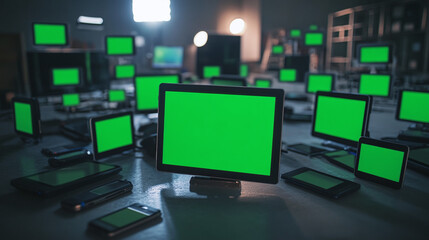 Naklejka premium computer led monitors with green screen chroma key indoor modern office screens monitor mockup realistic location furniture loft work station environment atmosphere