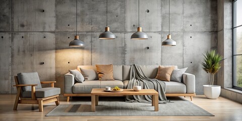 Industrial Chic Living Room with Concrete Wall, Grey Sofa and Wooden Furniture, Interior Design, Minimalist, Modern, Concrete wall