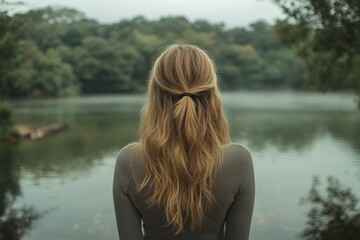 A young woman gazes thoughtfully over a serene lake surrounded by lush greenery at dawn