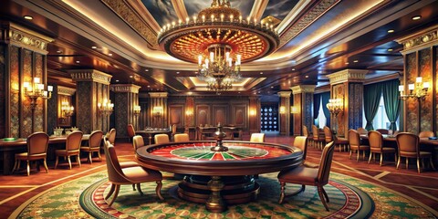 Obraz premium Luxury Casino Roulette Table with Golden Chandelier, 3D Render, Interior Design, Gambling, Casino Games