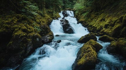 Obraz premium Cascading Waterfall in Lush Forest