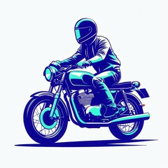 A stylized illustration of a motorcyclist riding a classic motorcycle in vibrant colors.