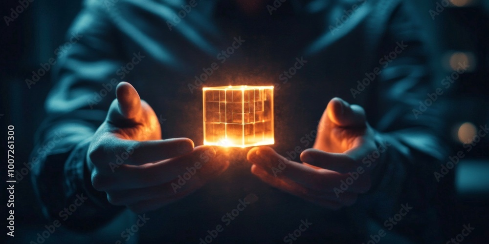 Aufkleber a person holds a glowing cube symbolizing innovation and technology. the image captures a blend of f
