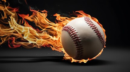 dynamic and dramatic digital illustration featuring a baseball engulfed in flames positioned centrally against a dark, black background