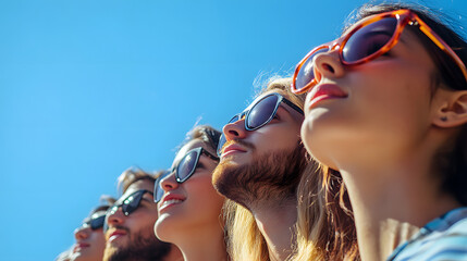 A photorealistic group of people wearing sunglasses looking up at the bright blue sky with sunlight casting soft shadows
