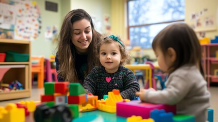 A young girl plays with colorful blocks while a smiling woman watches over her.