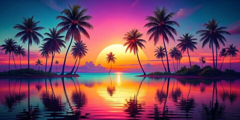 Palm Trees Silhouetted Against a Vibrant Sunset, Digital Painting, Colorful Sky and Water Reflection, Tropical Paradise, Vacation, Escape, Nature