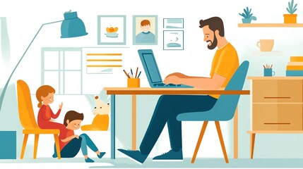 A father works from home on his laptop while his two children play nearby. The family enjoys a comfortable and cozy home office.
