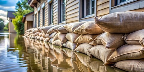 Sandbags Protect a House During a Flood, Flood Protection, Sandbag Wall, Flood Damage, Flood Prevention